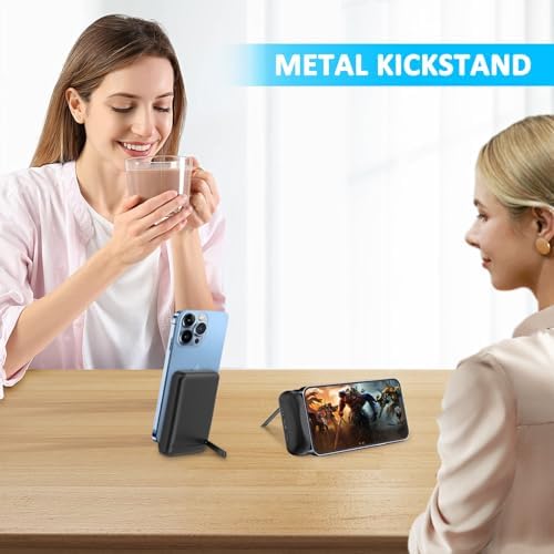 Compact 10,000 m Ah i Phone Power Bank with Metal Stand – Fast Charging External Battery Pack for i Phone 14, 13, 12, 11, and More – Sleek Black Design for Ultimate Portability and Hands-Free Convenience – Universal Compatibility and Enhanced Charging Speed