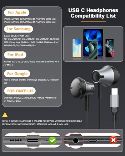 Premium USB C Earbuds with In-Line Microphone for Samsung Galaxy S25/S24/S23/S22 FE, i Phone 16/15 Pro Max, and Google Pixel 9 Pro – Advanced Noise Cancelling Stereo Earphones with Effortless Volume Control for Ultimate Sound Experience and All-Day Comfort