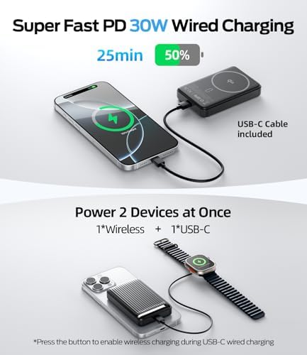 MOVE SPEED Qi2 Certified Mag Safe Battery Pack – 10,000 m Ah Ultra-Fast Charging Power Bank with Built-in Kickstand for i Phone 12/13/14/15/16 – 15 W Wireless Charging & 30 W USB-C Compatibility – Ergonomic Design for Effortless Portability and Convenience
