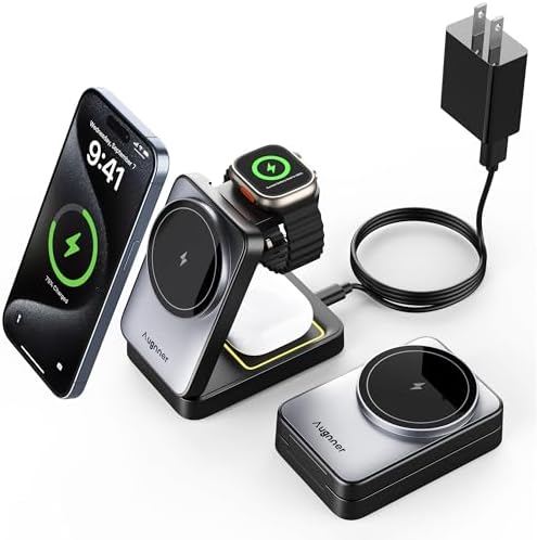 Ultimate 3-in-1 Wireless Charging Station for Apple Devices – Fast 15 W Mag Safe Compatible Charger Stand for i Phone 12/13/14/15/16 Series, Apple Watch & Air Pods – Portable Foldable Design for Efficient Charging at Home or On-the-Go