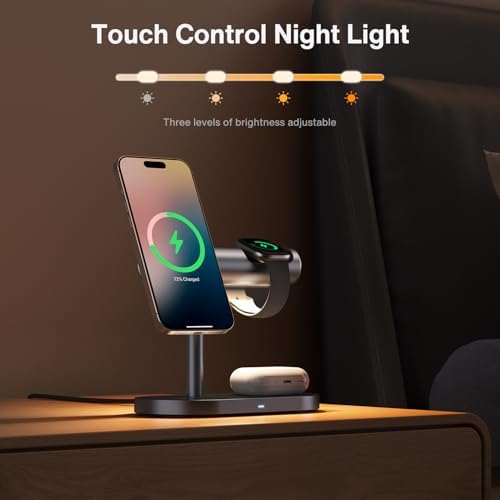 IVANKY Qi2 Certified 4-in-1 Wireless Charging Stand with Adjustable Nightstand Light – Fast Charge for i Phone 16/15/14, Apple Watch, and Air Pods – Sleek Design with Enhanced Safety Features and Magnetic Stability for Tangle-Free Convenience