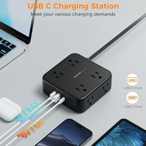 TESSAN Power Strip Tower Surge Protector: 8 AC Outlets & 3 USB Ports (1 USB-C) with 900 Joules Protection, 5 FT Flat Plug Extension Cord – Ultimate Desk Charging Station for Home Office and Dorm Room Efficiency
