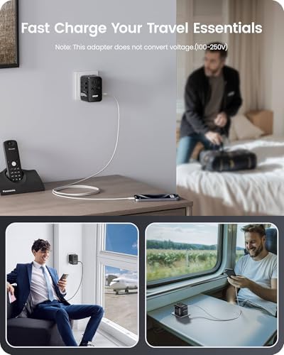 85 W Universal Travel Power Adapter with Retractable USB-C Cable – Optimal Fast Charging Hub for Global Use, Featuring 4 Ports for Seamless Connectivity in US, EU, UK & Beyond, Engineered for On-the-Go Professionals Seeking Efficiency and Versatility