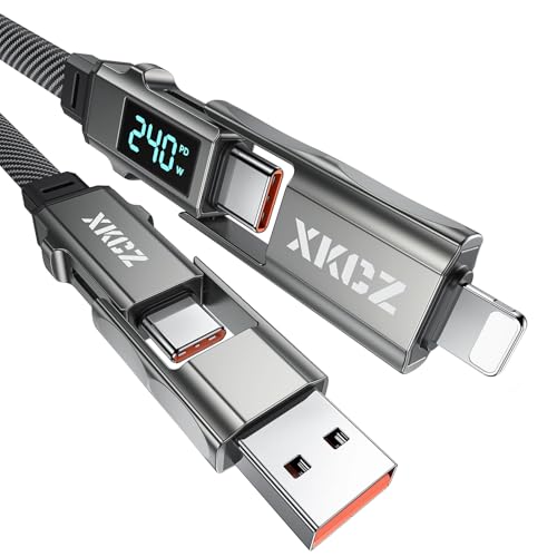 240 W 4-in-1 USB C Cable with Wattage Display – Durable Flat Nylon Braided Multi Charger for i Phone, i Pad, Samsung, and Laptops – 5 FT Length with Data Sync Functionality for Optimal Performance