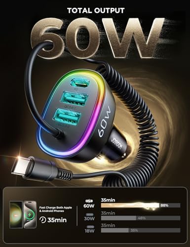 JOYROOM 60 W USB-C Car Charger with 5 ft Coiled Cable – Ultra-Fast Charging Adapter for i Phone 16 Pro Max, Samsung Galaxy S24/S23, Google Pixel & i Pad Pro – Compact Design with Smart Chip Technology for Safe Power Delivery on the Go