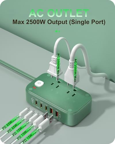 Ultimate 7-in-1 Power Strip with 65 W Ga N Technology | Flat Plug Design for Space-Saving | 3 USB-C & 2 USB-A Ports for Rapid Charging | 2500 W AC Outlet for Home, Office, College & Travel | Versatile Surge Protector for All Devices