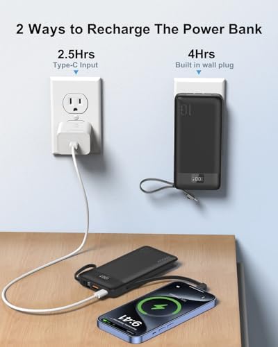 Revolutionize Your Charging Experience with ANOUV 10,000 m Ah Portable Power Bank – Built-in Cables & AC Plug for Fast, On-the-Go USB-C Charging, Compatible with i Phones and All Smart Devices – LED Display for Real-Time Battery Monitoring – The Ultimate Travel Essential for Efficiency and Convenience