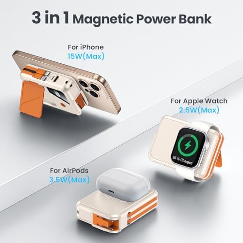 Revolutionary 3-in-1 Magnetic Wireless Power Bank – 10,000 m Ah Capacity with Built-in Cables and AC Plug – 22.5 W Fast Charging for i Phone 15/14/13/12, Apple Watch, and Air Pods – Ultimate Travel Companion for Seamless Device Charging