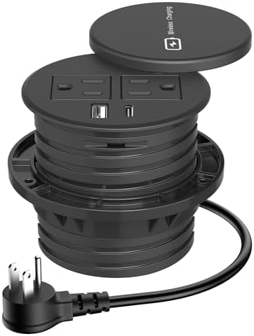 Elevate Your Workspace with a 15 W Wireless Charging Recessed Power Grommet – 20 W USB-C Fast Charging Station, Dual AC Power Outlets, Sleek Flush Mount Desk Power Solution for Tidy Cable Management and Enhanced Efficiency in Office and Home Environments