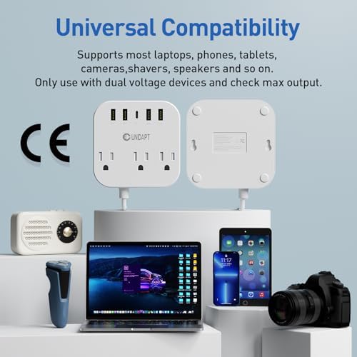 Universal Travel Power Strip with European Plug Adapter – Unidapt US to UK Adapter for EU/UK/US with 4 USB Ports Including USB-C, 3 AC Outlets, Wall Mountable Design, 5 ft Extension Cord for Home, Cruise, and Travel (Black) – Enhanced Device Compatibility and Fast Charging Solutions
