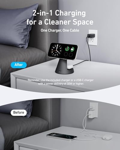 Anker 2-in-1 Mag Safe Wireless Charging Stand for i Phone 16, Qi2 Certified 15 W Ultra-Fast Charger, Adjustable Design with Dual Functionality for i Phone and Air Pods, Sleek Black Finish – Optimal Speed and Style for Modern Devices