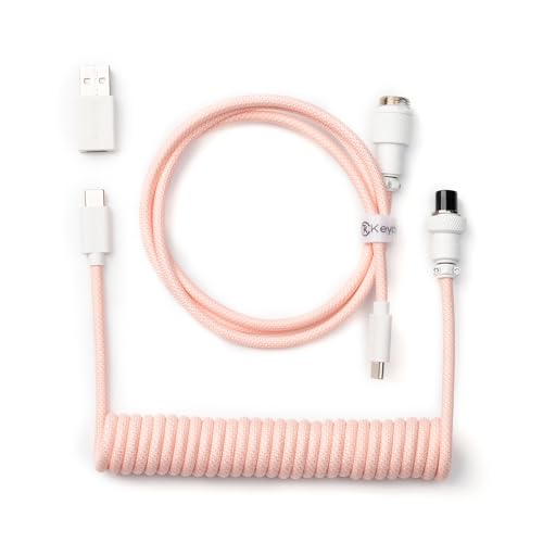 Keychron Light Pink Custom Coiled Aviator Cable – High-Performance USB-C to USB-C with Detachable Metal Connector (5-Pin GX12) for Mechanical Keyboards, Durable Braided Design with USB-A Adapter for Enhanced Charging and Data Transfer Efficiency
