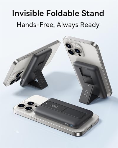 Ultra Slim INIU Mag Safe Portable Charger – 5500 m Ah Magnetic Power Bank with 20 W Fast Charging & Integrated Foldable Stand for i Phone 12-16 Series – Wireless USB-C Battery Pack for Effortless On-the-Go Power