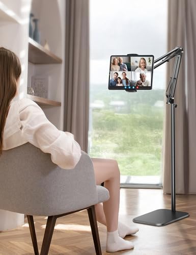 Adjustable Tablet Floor Stand with 4.5 LB Heavy Metal Base – Universal Phone Mount for i Pad, i Phone Pro, Samsung Galaxy Tab & E-Readers – Ergonomic Height & Angle Adjustment for Hands-Free Viewing & Enhanced Comfort