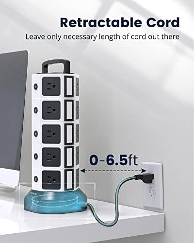 JACKYLED 20-Outlet Power Strip Tower Surge Protector with 6 Fast USB Ports – 1050 Joules Safety Shield, 13 A Desktop Charging Station with 6.5 ft Heavy-Duty Cord, Elegant Black Walnut Design for Home, Office & Garage Use – Ultimate Device Power Solution