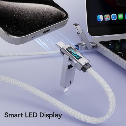 pzoz 4-in-1 USB C Fast Charging Cable with LED Status Display – Versatile Multi-Device Charger for i Phone 16/15/14 Pro Max, i Pad, Mac Book, Air Pods Pro, Samsung, and Google (60 W, 5 ft) – Streamlined Efficiency, Enhanced Durability, and Universal Compatibility for All Your Charging Needs