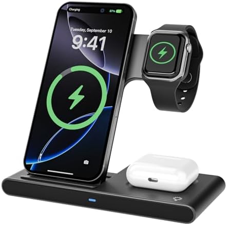 Ultimate 3-in-1 Wireless Charging Station: Sleek Phone, Apple Watch, and Air Pods Dock for Efficient, Clutter-Free Power – Fast Charging for i Phone 16 to 11, Series 10-2 Ultra & SE Compatibility, Perfect for Home, Office, and Travel – Compact, Foldable Design with Smart Indicator Lights for Seamless Use and Gentle Night Charging – Ideal Gift for Students, Professionals, and Digital Nomads Seeking an Organized Charging Solution.
