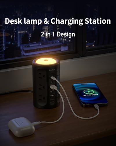 Smart Power Strip Tower with Integrated Night Light & Surge Protection – 10 FT Extension Cord Featuring 12 AC Outlets, 3 USB-A and 2 USB-C Ports for Home Office & Dorm Room Convenience – Sleek Black Design for Enhanced Versatility and Clutter-Free Organization