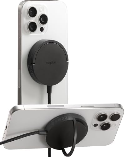 Mophie 15 W Fast Wireless Charging Pad with Kickstand – Sleek Mag Safe & Qi2 Compatible Charger for i Phone 16/15/14/13/12, Air Pods Pro (2 nd & 3 rd Gen) – Compact Travel Essential with Integrated Cable in Black for Effortless Portability and Hands-Free Viewing