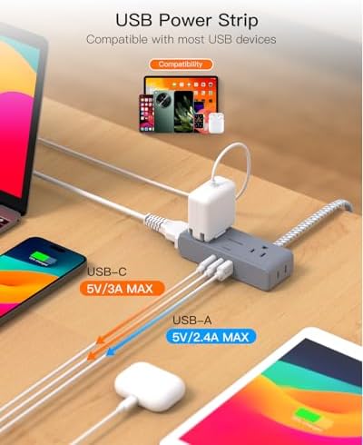 BESHON 10 ft Flat Plug Extension Cord with 4 Wide Outlets & 3 USB Ports (2 USB-C) – Versatile Power Strip for Home, Office & Dorm – Space-Saving Design with Surge Protection & Fast Charging Capabilities