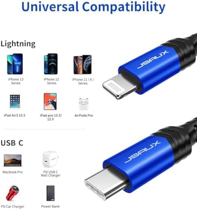 JSAUX Enhanced USB C to Lightning Cable 2-Pack – 6 FT Durable Charger for i Phone 14/13/12/11 Pro, MFi Certified Fast Charging Cord, Ideal for Home and Office Use, Sleek Blue Design for Stylish Connectivity