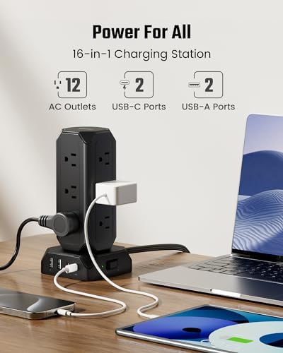 Maximize Your Charging Efficiency with the SUPERDANNY Power Strip Tower Surge Protector – 9 Outlets & 4 USB Ports, 10 Ft Extension Cord, 1080 Joules Surge Protection, Grounded Safety Design for Home and Office Use – Stylish Black Desktop Charging Station for Clutter-Free Solutions