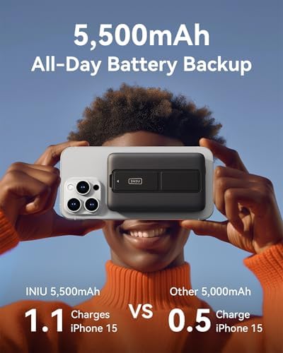 Ultra Slim INIU Mag Safe Portable Charger – 5500 m Ah Magnetic Power Bank with 20 W Fast Charging & Integrated Foldable Stand for i Phone 12-16 Series – Wireless USB-C Battery Pack for Effortless On-the-Go Power