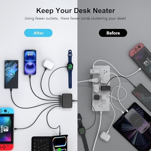 BREEKET 100 W USB C Fast Charger Hub – 6-Port Ga N Charging Station with 3 USB-A & 3 USB-C Connections – High-Speed Wall Adapter for i Phone 15/14/13/12/11 Pro Max, i Pad, Google Pixel & Samsung Galaxy Devices – Compact, Safe & Stylish Power Solution
