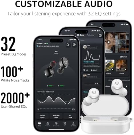 TOZO T10 Wireless Earbuds with Bluetooth 5.3 – Customizable EQ for Personalized Sound, Ergonomic Fit for Ultimate Comfort, 55 Hours Playtime, IPX8 Waterproof Rating, Wireless Charging Case – 2025 Enhanced Audio Experience for Active Lifestyles