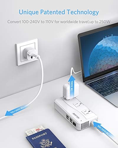 Versatile 250 W International Travel Power Adapter – Efficient 220 V to 110 V Voltage Converter with 4 Fast-Charging USB Ports and Global Plug Compatibility for US, AU, EU, UK, India & South Africa – Essential Power Solution for World Travelers and Business Professionals