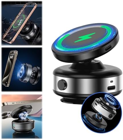 Nixie Phone Holder 360° Adjustable Electric Vacuum Magnetic Suction Cup Phone Mount,15W Wireless Charger Car Magnetic Phone Mount,Hands-Free Magnetic Cell Phone Holder for MagSafe iPhone – Enhanced Compatibility and Speed