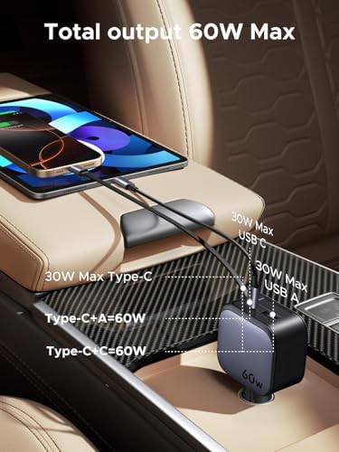 UGREEN 60 W 3-Port Retractable Car Charger with Dual USB-C & USB-A Ports – Rapid Charging Solution for i Phone 16/15, Galaxy S25/S24, i Pad & GPS – Compact Cigarette Lighter Adapter for Enhanced Versatility and Efficiency on the Road