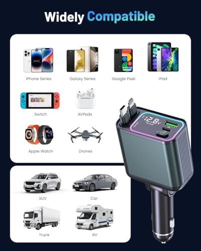Versatile 4-in-1 Retractable Car Charger with RGB Lighting – 92 W Fast Charging USB-C Adapter for i Phone, Galaxy, and Pixel – Compact & Stylish Car Phone Charger for Effortless Power Management – Essential Car Accessory for Tech-Savvy Drivers