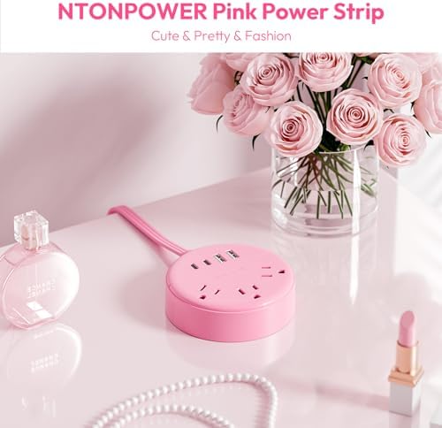 Chic NTONPOWER Pink Power Strip with 5 ft Flat Extension Cord – 3 AC Outlets, 2 USB-C, 2 USB-A Ports – Wall Mountable & Space-Saving Design for Home, Dorm & Travel – Enhanced Charging Compatibility for Stylish Electronics Management