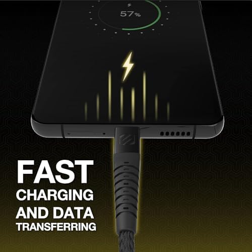 Scosche Strikeline 6 ft Premium USB-C Right-Angle Braided Charging Cable – Fast Charge & Sync for Enhanced Device Compatibility – Sleek White/Silver Design for Gamers & Professionals