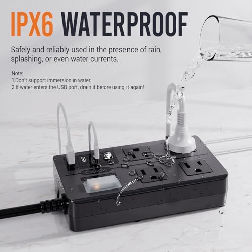 VNJ Outdoor Power Strip: 8 AC Outlets & 4 Fast USB Ports, IPX6 Waterproof Surge Protector with Safety Lock for Secure Connections, ETL-Certified 15 FT Extension Cord – Ideal for Home, Garden, and Commercial Applications