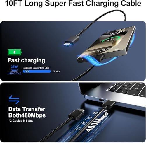 Dual Pack 45 W Super Fast Charger with 10 ft Type C Cable for Samsung Galaxy Devices – Quick Charge Solution for S25, S24 Ultra, S23+, S22+ & More – Portable, Durable & Reliable Android Power Adapter