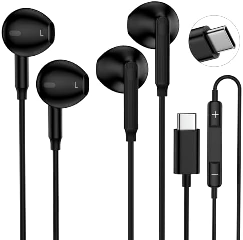 Premium USB C Earbuds for i Phone 16 & Samsung Galaxy A Series – 2 Pack High-Fidelity Wired Headphones with Built-in Mic & Remote Control – Exceptional Sound Clarity, Ergonomic Comfort for All-Day Use – Ideal for Music, Calls, and Podcasts on the Go