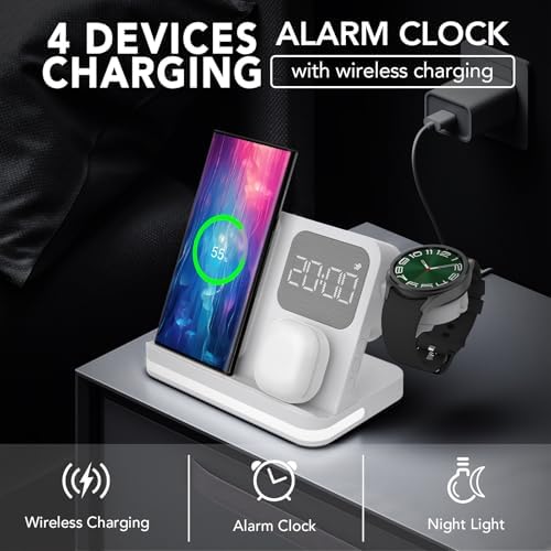 Revolutionize Your Charging Routine with the 4 in 1 Wireless Charging Station Featuring Integrated Alarm Clock – Fast, Reliable Charging for Galaxy Watch 7/Ultra/FE/6 Pro, Galaxy S25/Ultra/S25+/S24/S23/Note 20/Z Flip 7/6/5 Fold 6 & Galaxy Buds 3/2/Pro – Space-Saving Design for Multiple Devices, Enhanced Compatibility & Speed