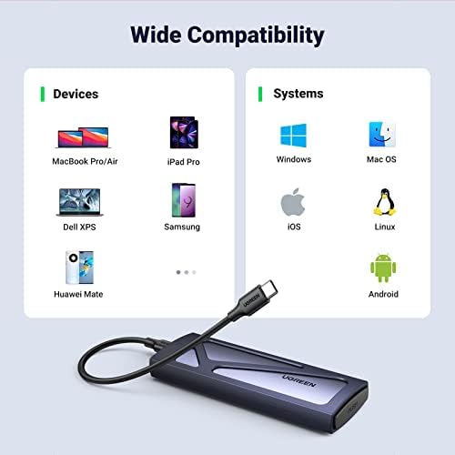 UGREEN Tool-Free USB C SSD Enclosure – 10 Gbps M.2 NVMe Adapter for 2230/2242/2260/2280 SSDs with Enhanced Compatibility and Fast Data Transfer for Windows, mac OS, and Linux – Durable Aluminum Design for Optimal Heat Dissipation