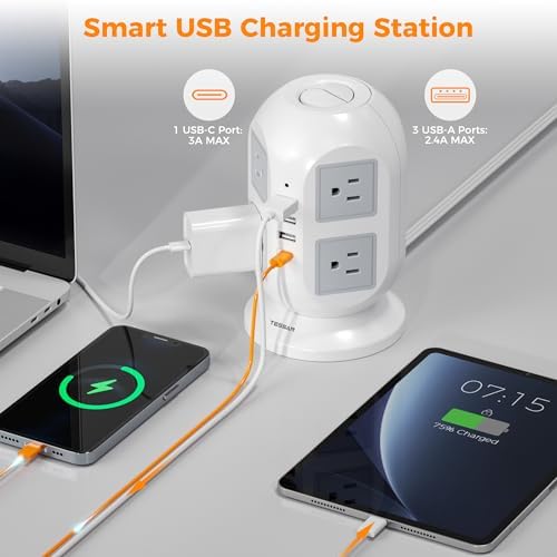 TESSAN Tower Surge Protector Power Strip – 10 ft Flat Extension Cord with 8 AC Outlets & 4 USB Ports (1 USB-C) – Compact Charging Station with Advanced Surge Protection for Home Office & Dorm Use – Optimal Device Safety & Versatile Compatibility