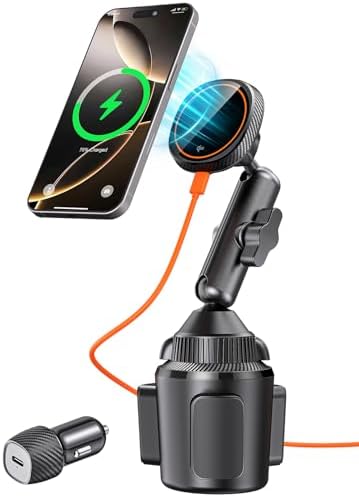 Revolutionize Your Drive with the Qi2 15 W Mag Safe Car Mount Charger – Fast Wireless Charging Phone Holder for i Phone 12-16, Adjustable Cup Holder Design with Advanced Heat Dissipation System, Includes PD Adapter for Optimal Speed and Safety