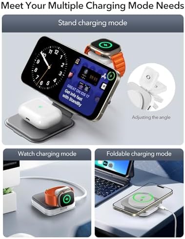 Ultimate 3-in-1 Foldable Magnetic Wireless Charger with Aluminum Alloy Stand – Sleek Mag Safe Charging Station for i Phone 16, 15, 14, 13, 12 Series, Apple Watch & Air Pods with PD 20 W USB-C Adapter – Portable & High-Speed Charging Solution