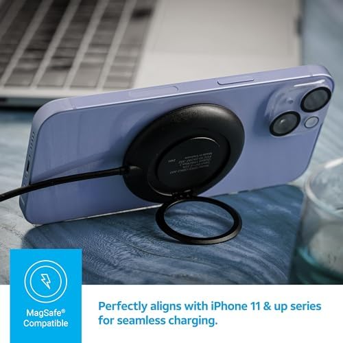 AT&T 15 W Magnetic Qi Wireless Charging Pad with Built-in Ring Stand – Fast USB-C Power Delivery for i Phone, Samsung Galaxy & Google Pixel – Sleek, Case-Friendly Design for Effortless Charging and Hands-Free Use