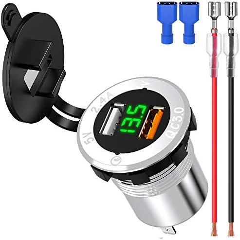 Upgraded Aluminum Alloy Quick Charge 3.0 Dual USB Car Charger Socket with Built-in Voltmeter – Fast, Reliable Charging Solution for Vehicles, Boats, and RVs – Sleek Silver-Green Design for Enhanced Aesthetic Appeal and Performance