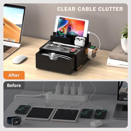 Bamboo Multi-Device Charging Station with 5-Port USB Hub & Drawer – Fast Charging Dock Organizer for Smartphones & Tablets – Eco-Friendly Power Solution with Enhanced Compatibility & Sleek Aesthetics