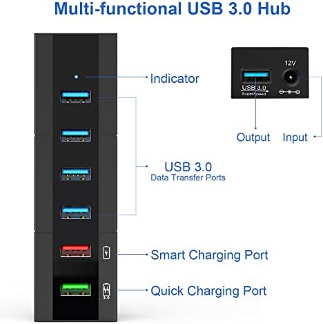 Unlock Seamless Connectivity with RAOYI 6-Port Powered USB 3.0 Hub – High-Speed Data Transfer, Smart Fast Charging, and 24 W Power Adapter for Laptops, PCs, and Macs – Ideal USB Splitter for Enhanced Device Management and Productivity in Sleek Black