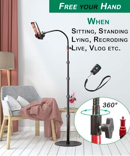 Phone Overhead Stand, Gooseneck Phone Floor Stand, Tall Video Cell Phone Mount with Height Adjustable Stand, Heavy Base, 360 Head, Works with iPhone 16, 16 Pro Max, 16 Plus, 15, 14, 13 – Enhanced Compatibility and Speed