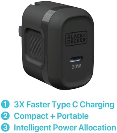 BLACK+DECKER Ga N PD 20 W USB-C Wall Charger – High-Efficiency Fast Charging Block for i Phone 16/15 & Universal USB-C Devices – Perfect for Home, Office, and On-the-Go with Advanced Safety Mechanisms