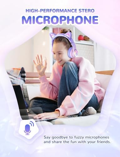 Magical Cat Ear Bluetooth Headphones for Kids – Mesmerizing Gradient Pink with LED Glow, 50-Hour Battery Life, Safe 74/85 d BA Volume Limiting, Superior Bluetooth 5.2 Connectivity & Rapid USB-C Charging for Ultimate Travel Convenience and Enjoyment